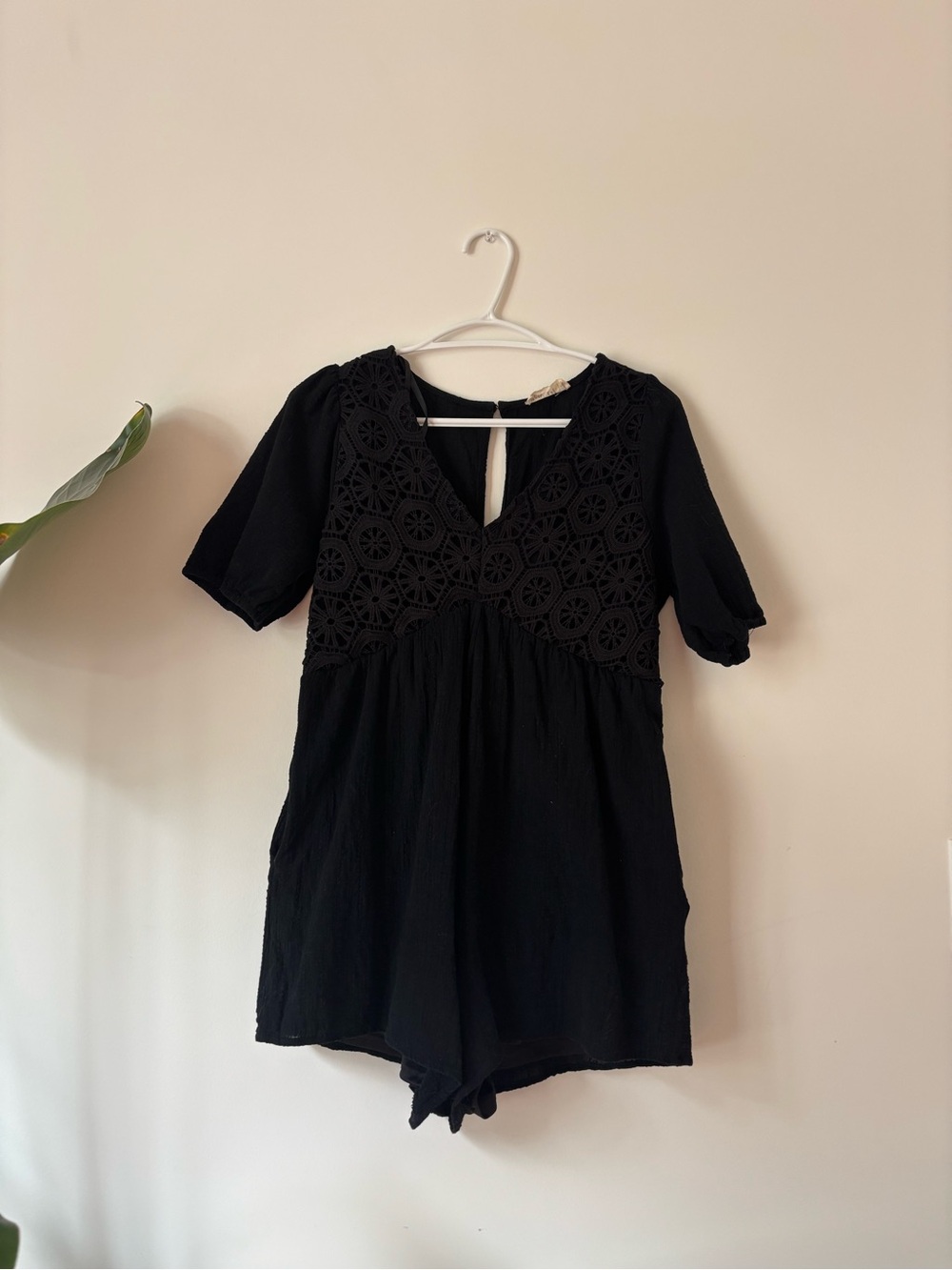 Black Short-Sleeve Lace-Yoke Romper